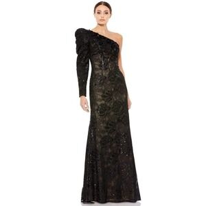 Mac Duggal Long Sleeve Sequined Sheath Gown Black Women's Size 2 NWT